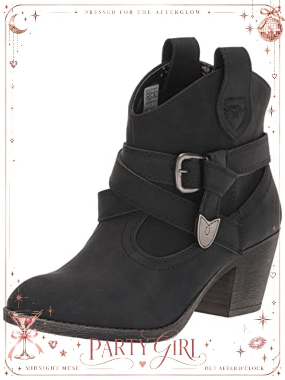 Satire Western Ankle Bootie with Buckle & Chunky Heel